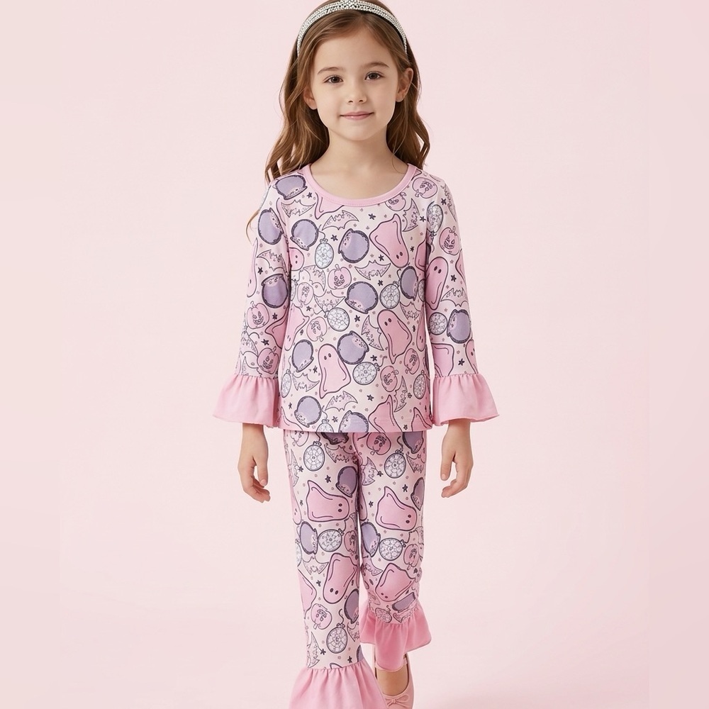 EUC Girls Pink Halloween Ghosts Pajama Set PJ Lounge Top/Pants Ruffle - 3T